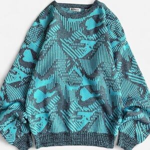 Vintage Sweater Light Blue Gray Patterned Abstract Geometric Crewneck Sweater S